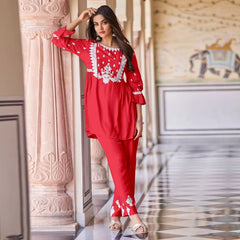 New Chikankari Exclusive Same_Kurti_Pent Pair (Red) 36