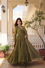 Faux Georgette Anarkali Suit with Embroidery & Frill Detailing