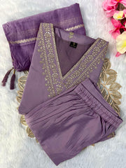 Lavender Roman Silk Embroidered Kurta Set with Trouser & Dupatta