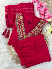 Red Roman Silk Embroidered Kurta Set with Trouser & Dupatta