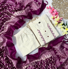 Off-White Embroidered Kurta Set with Trouser & Dupatta