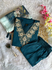 Teal Blue Roman Silk Embroidered Kurta Set with Trouser & Dupatta