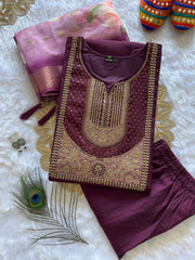 Wine Roman Silk Embroidered Kurta Set with Trouser & Dupatta