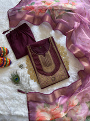 Wine Roman Silk Embroidered Kurta Set with Trouser & Dupatta