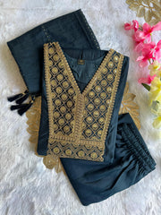 Teal Blue Cotton Embroidered Kurta Set with Trouser & Dupatta