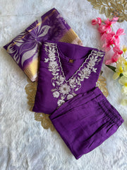 Purple Roman Silk Embroidered Kurta Set with Trouser & Dupatta