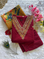 Maroon Roman Silk Embroidered Kurta Set with Trouser & Dupatta