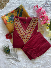 Maroon Roman Silk Embroidered Kurta Set with Trouser & Dupatta