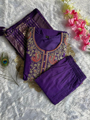 Elegant Purple Roman Silk Kurta Set with Embroidery & Sequins