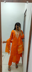Orange Roman Silk Kurta Set with Embroidery & Sequins