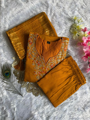 Mustard Roman Silk Embroidered Kurta Set with Trouser & Dupatta