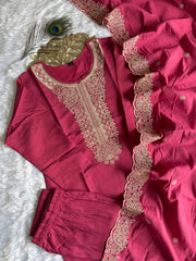 Graceful Peach Roman Silk Kurta Set with Detailed Embroidery