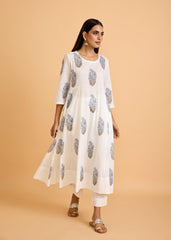 White & Blue Cotton Semi-Flared Kurta Set with Kota Doria Dupatta