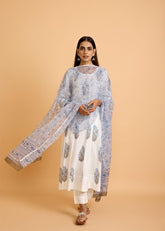 White & Blue Cotton Semi-Flared Kurta Set with Kota Doria Dupatta