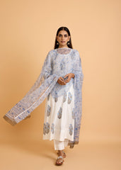 White & Blue Cotton Semi-Flared Kurta Set with Kota Doria Dupatta