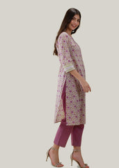White Cotton Kurta with Purple Contrast Detailing & 3/4 Sleeves