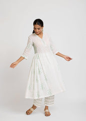 White Cotton Semi-Flared Kurta with Green Detailings