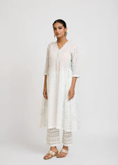 White Cotton Semi-Flared Kurta with Green Detailings