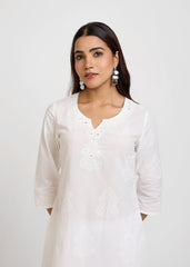 White Cotton Straight Kurta with Khadi Print & Embroidery