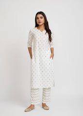 White & Green Cotton A-Line Kurta with Block Print & Embroidery