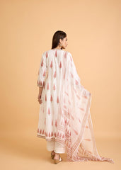White & Peach Cotton Semi-Flared Kurta Set with Kota Doria Dupatta