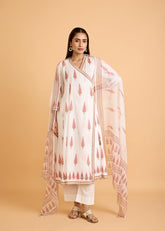 White & Peach Cotton Semi-Flared Kurta Set with Kota Doria Dupatta