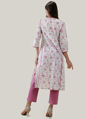 White & Pink Cotton Kurta with Chikankari Embroidery & Block Print