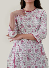 White & Pink Cotton Kurta with Chikankari Embroidery & Block Print