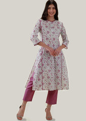 White & Pink Cotton Kurta with Chikankari Embroidery & Block Print