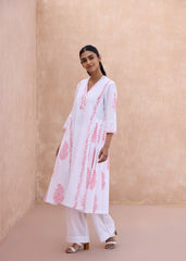 White & Pink Cotton Kurta with Handblock Buta Prints