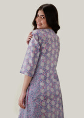 White & Purple Cotton Kurta with Chikankari Floral Embroidery & Block Print