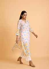 Yellow & Blue Cotton Kurta with Multicolor Rose Block Print