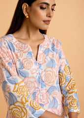 Yellow & Blue Cotton Kurta with Multicolor Rose Block Print