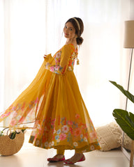 Yellow Floral Organza Silk Anarkali Set with Gota Patti Dupatta