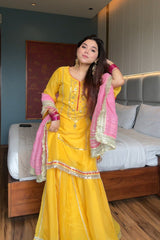 Elegant Chinon Silk Embroidered Suit Set with Plazo & Dupatta