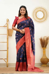 Woven Kanjivaram Jacquard, Pure Silk Saree (Dark Blue)