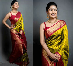 Woven Banarasi Jacquard Saree (Yellow)