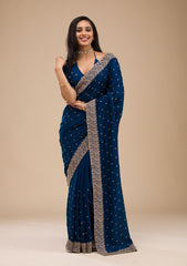 Navy Blue Raw Silk Saree with Gold Zariwork – Elegant & Vibrant