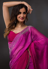 Magenta Semi Crepe Saree with Silver Stonework – Elegant & Vibrant
