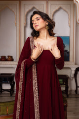 Maroon Faux Georgette Anarkali Suit – Sequence Work, Fully Stitched