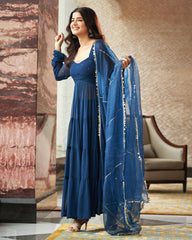 Mihika Blue Georgette Flared Anarkali Suit Set – Festive & Party Wear
