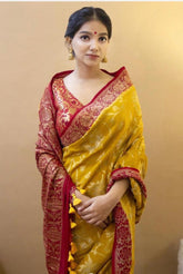 Yellow Printed Woven Design Kanjivaram Jacquard Saree