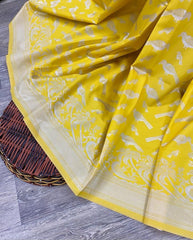 Yellow Pure Lichi Silk Zari Design Saree