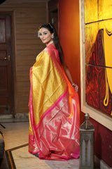 Yellow Jacquard Printed Banarasi Soft Lichi Silk Saree