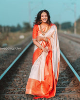 White Kanchipuram Lichi Silk Banarasi Saree with Blouse