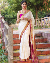 White Golden Zari Weaving Soft Silk Kanjivaram Saree