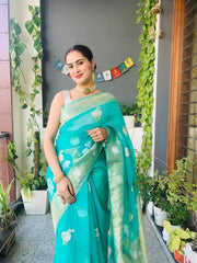Woven Bollywood Organza Saree (Light Blue)