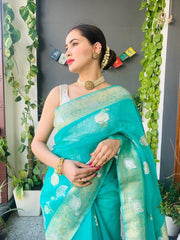 Woven Bollywood Organza Saree (Light Blue)