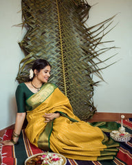 Yellow Digital Printed Kanjivaram Jacquard Saree