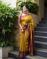 Yellow Self Design Zari Weaving Pure Jacquard Silk Saree